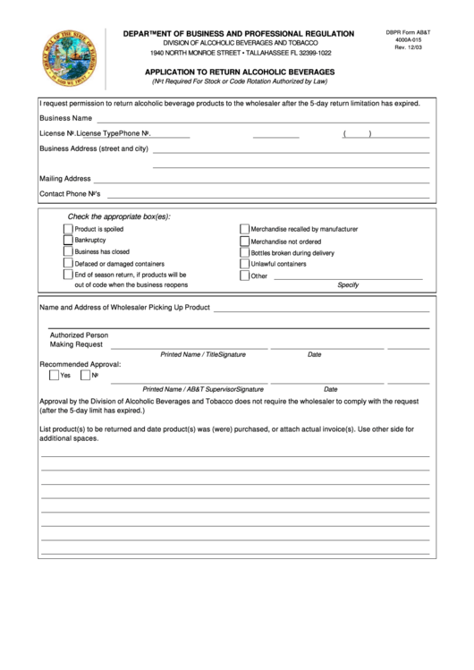 Dbpr Form Ab&t 4000a-015 - Application To Return Alcoholic Beverages December 2003 Printable pdf