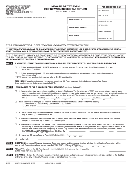 Income Tax Return Form - Newark E-Z Tax Printable pdf