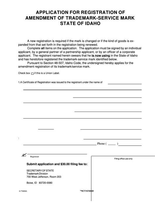 Application For Registration Of Amendment Of Trademark-Service Mark State Of Idaho Form Printable pdf