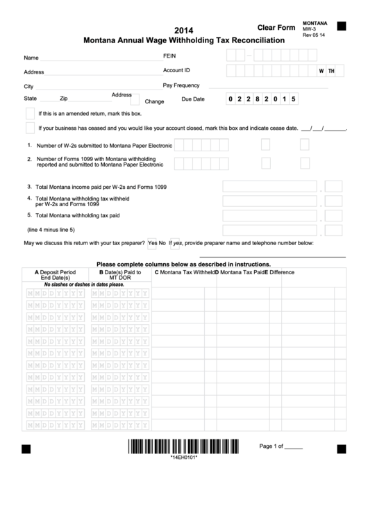 Fillable Form Mw-3 - Montana Annual Wage Withholding Tax Reconciliation - 2014 Printable pdf