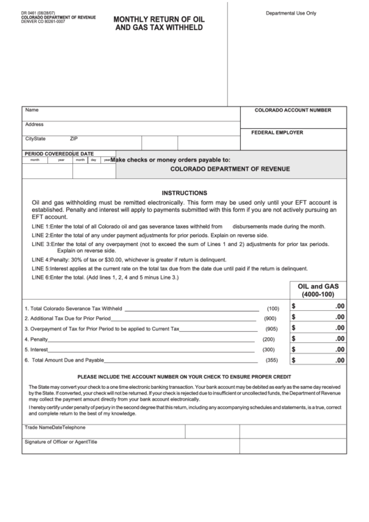 Form Dr-0461 - Monthly Return Of Oil And Gas Tax Withheld Printable pdf