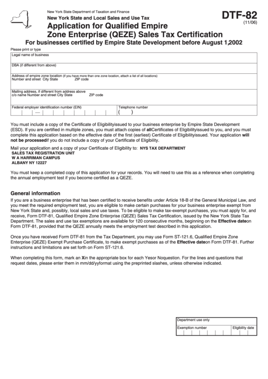 Form Dtf-82 - 2006 - Application For Qualified Empire Zone Enterprise (Qeze) Sales Tax Certification Printable pdf