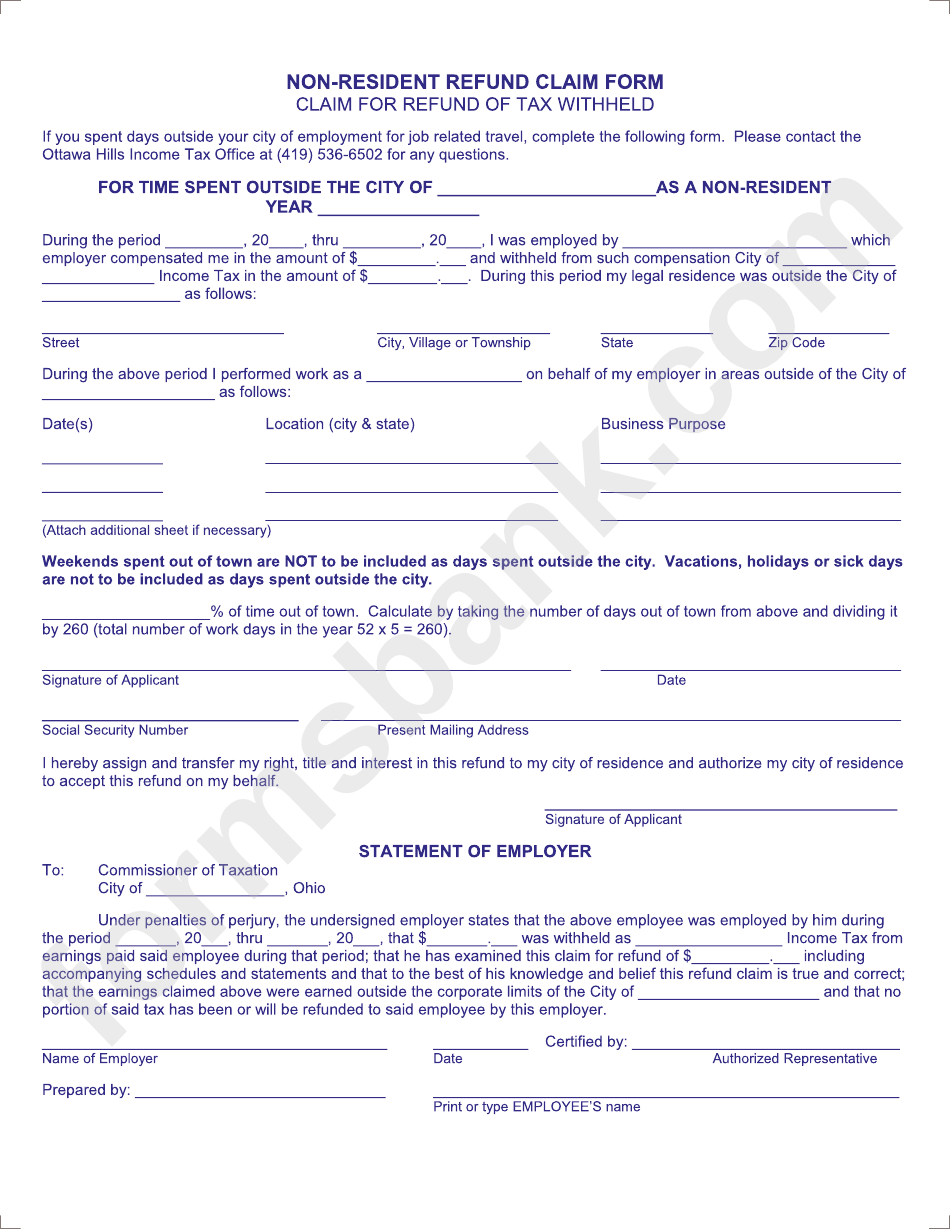 Non-Resident Refund Claim Form - Claim For Refund Of Tax Withheld