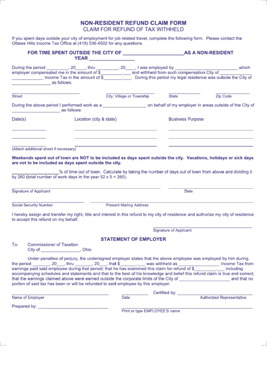 Non-Resident Refund Claim Form - Claim For Refund Of Tax Withheld Printable pdf