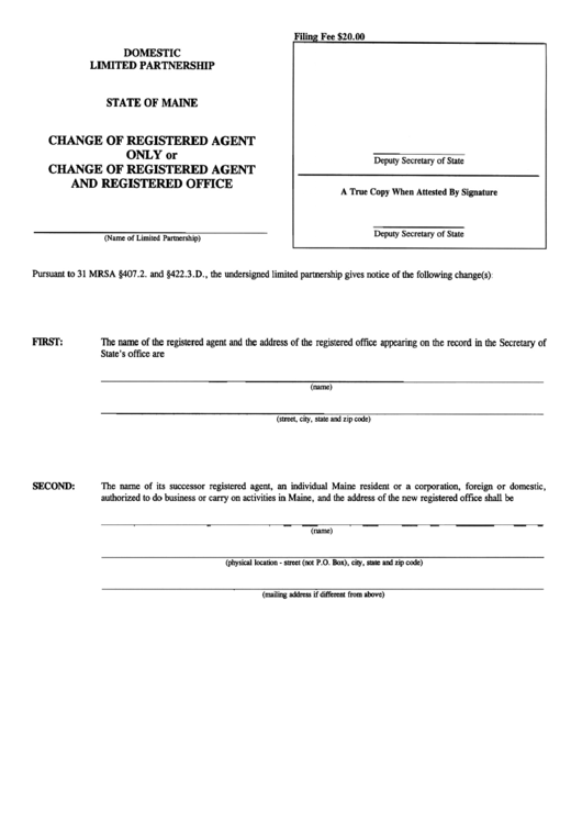 Form Mlpa-3 - Change Of Registered Agent Onl Y Or Change Of Registered Agent And Registered Office Printable pdf