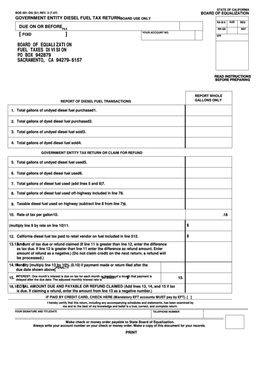 Fillable Form Boe-501-Dg - Government Entity Diesel Fuel Tax Return Printable pdf
