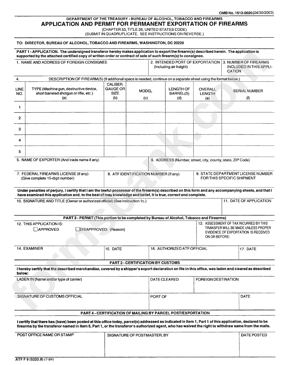 Form Atf F 9 - Application And Permit For Permanent Expararion Of Firearms