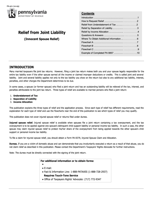 Form Pa-971 (10-09) - Innocent Spouse Relief - Relief From Joint Liability Printable pdf