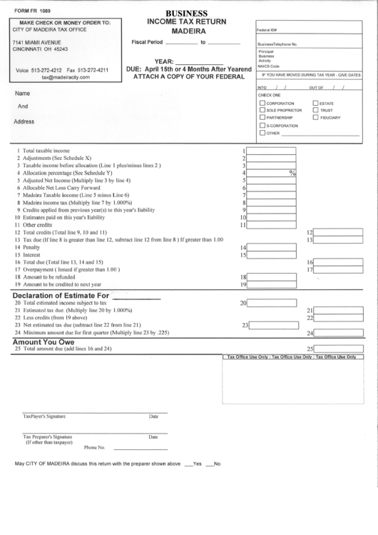 Form Fr 1089 - Business Income Tax Return Printable pdf