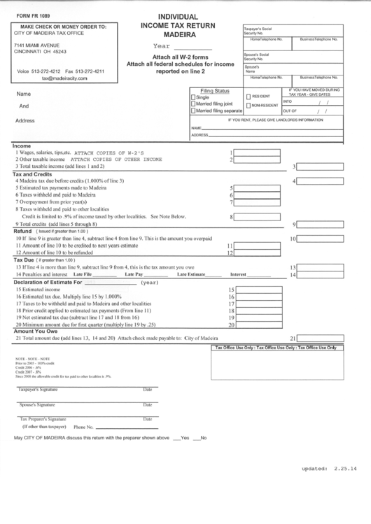 Form Fr 1089 - Individual Income Tax Return Printable pdf