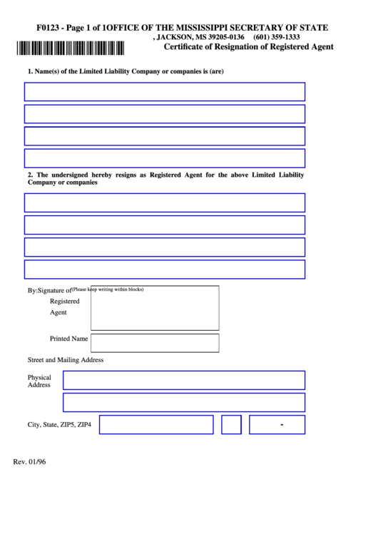 Fillable Form F0123 - Certificate Of Resignation Of Registered Agent Printable pdf