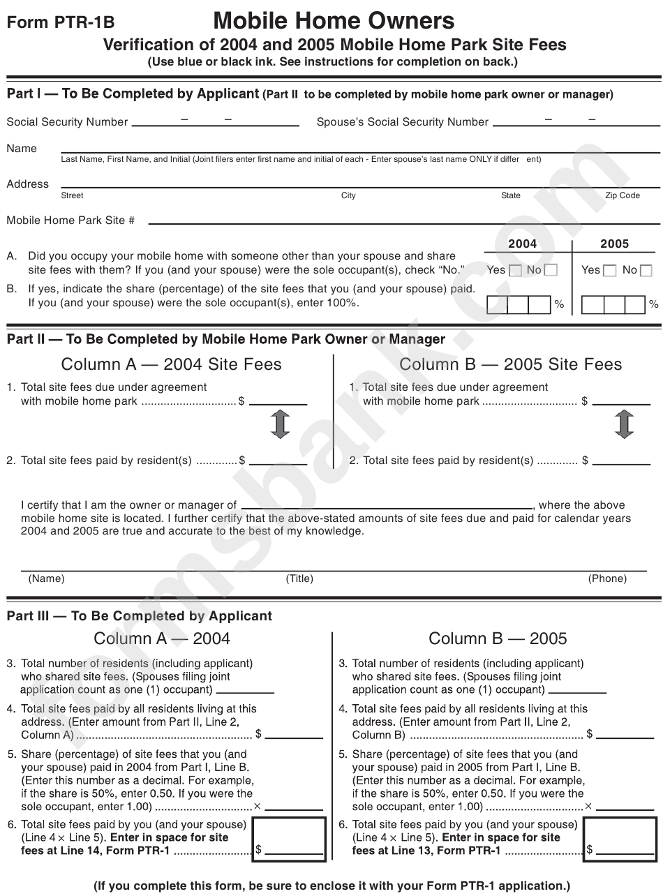 Form Ptr-1b - Verification Of 2004 And 2005 Mobile Home Park Site Fees