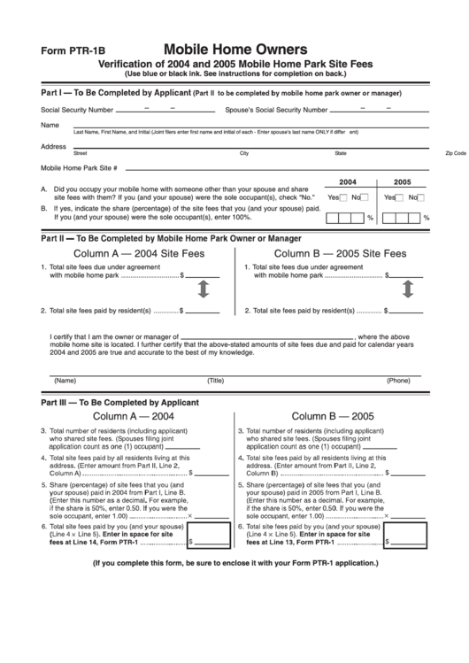 Form Ptr-1b - Verification Of 2004 And 2005 Mobile Home Park Site Fees Printable pdf