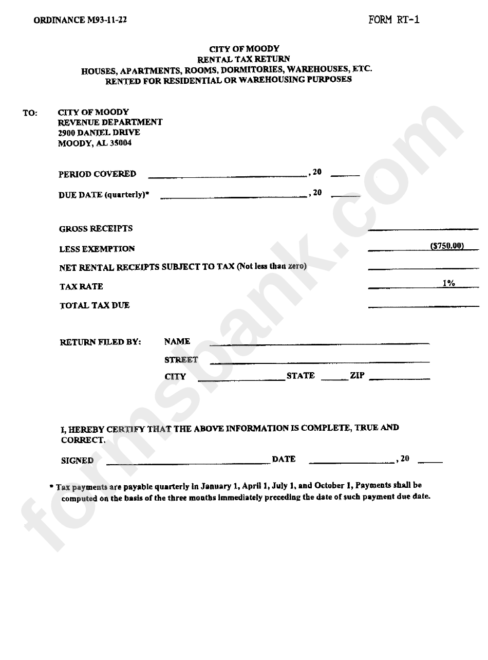 Form Rt-1 - Rented For Residential Or Warehousing Purposes