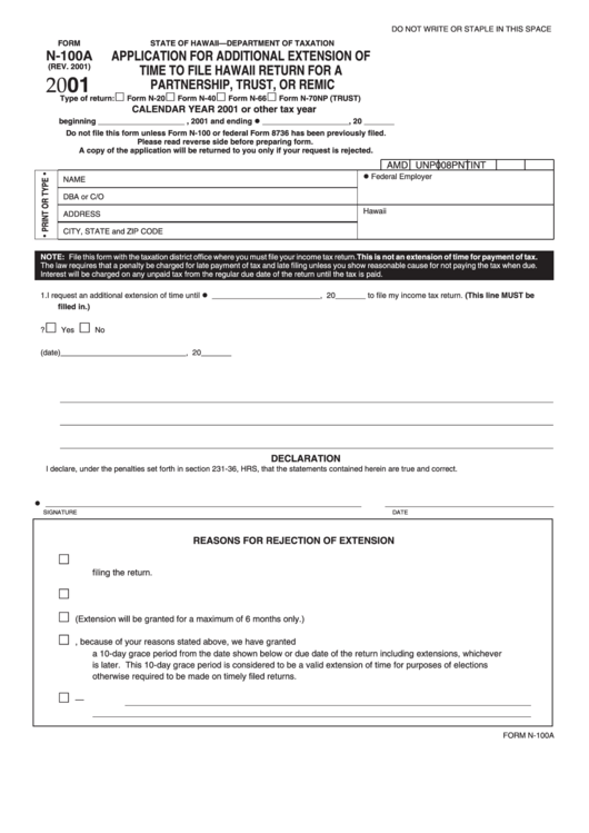 Form N-100a - Application For Additional Extension Of Time To File Hawaii Return For A Partnership, Trust, Or Remic - 2001 Printable pdf