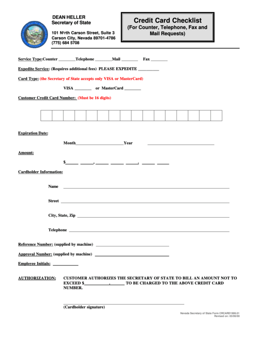 Form Crcard1999.01 - Credit Card Checklist - 2000 Printable pdf