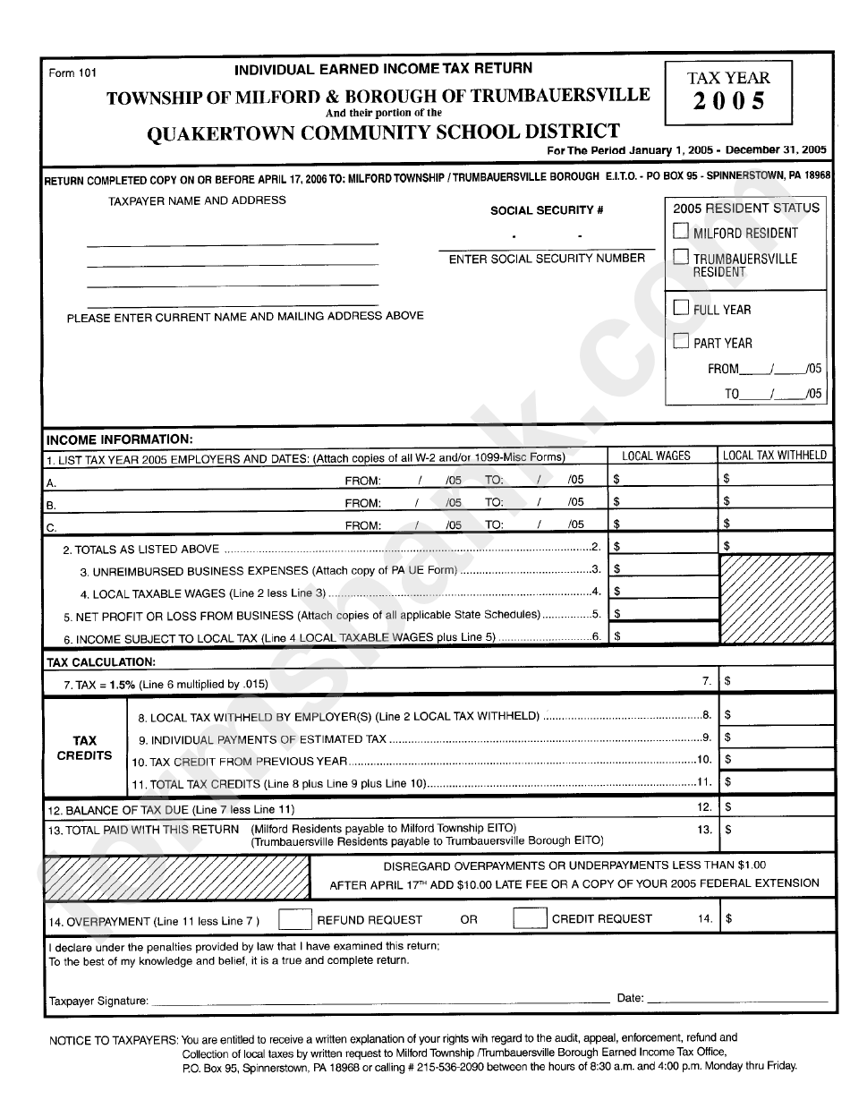 Form 101 - Individual Earned Income Tax Return