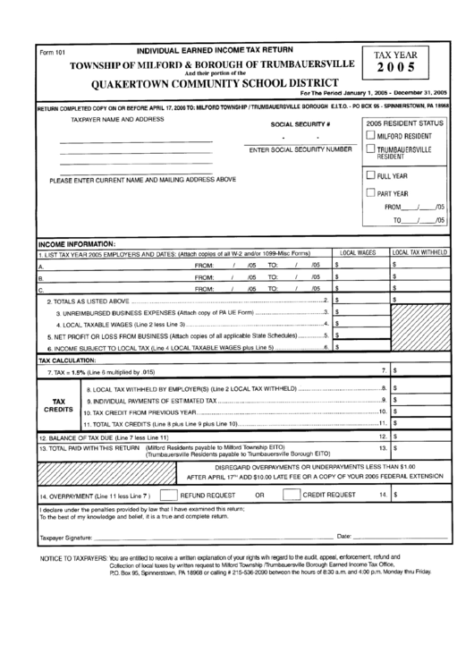 Form 101 - Individual Earned Income Tax Return Printable pdf