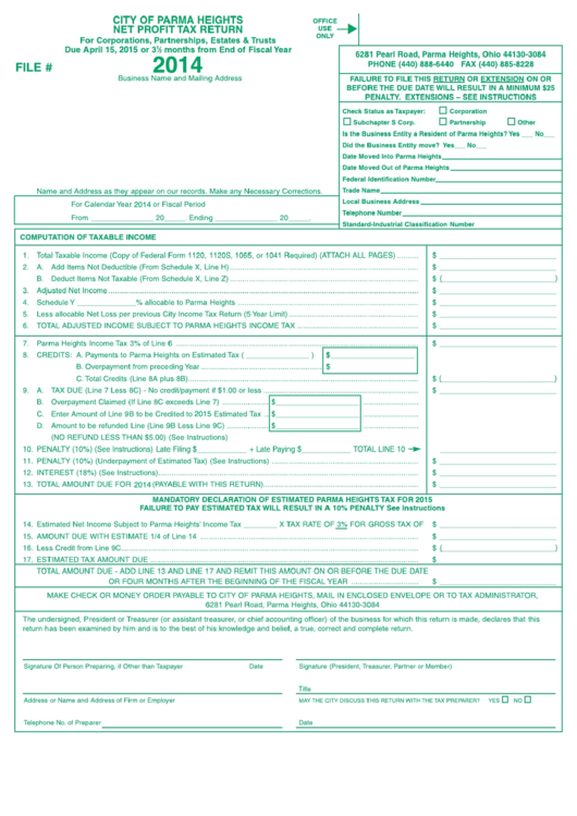 Form S:3936 - Net Profit Tax Return - 2014 Printable pdf