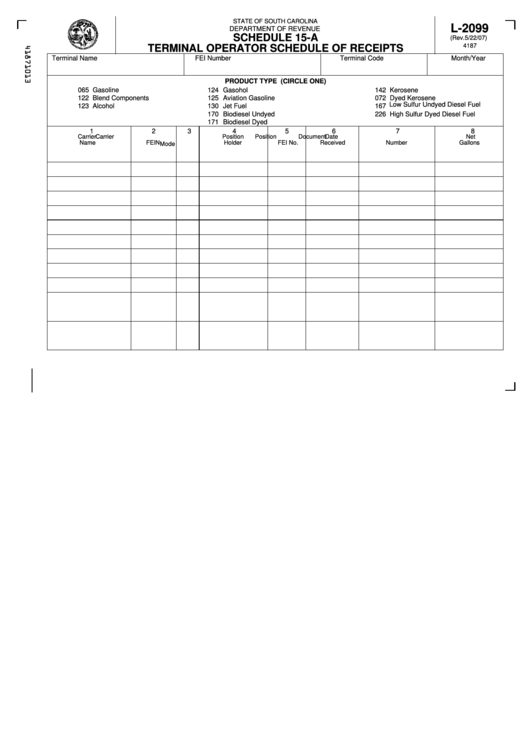Form L-2099 - Terminal Operator Schedule Of Receipts - Schedule 15-A Printable pdf