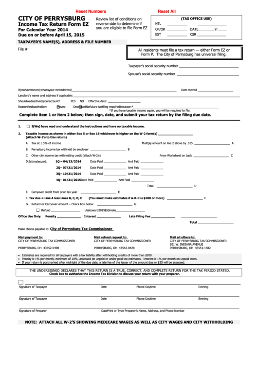 Fillable Form Ez - Income Tax Return - City Of Perrysburg - 2014 Printable pdf