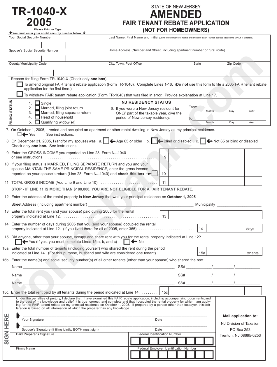Form Tr-1040-X - 2005 - Amended Fair Tenant Rebate Application