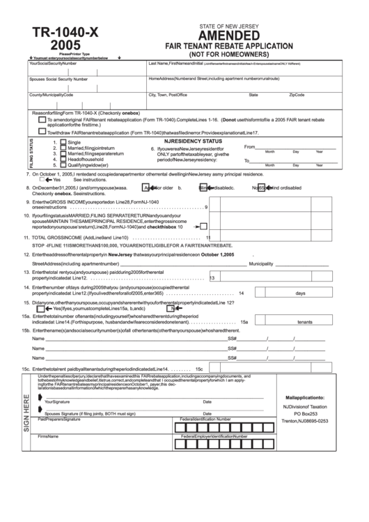 Form Tr-1040-X - 2005 - Amended Fair Tenant Rebate Application Printable pdf