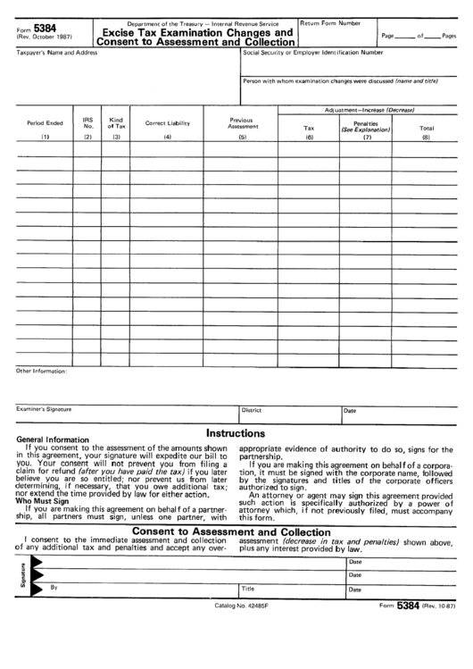 Form 5384 - 1987 - Excise Tax Examination Changes And Consent To Assessment And Collection - Department Of The Treaduty Printable pdf