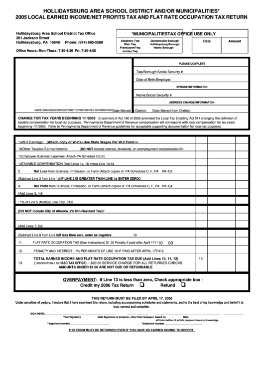 Local Earned Income/net Profits Tax And Flat Rate Occupation Tax Return Form - 2005 Printable pdf