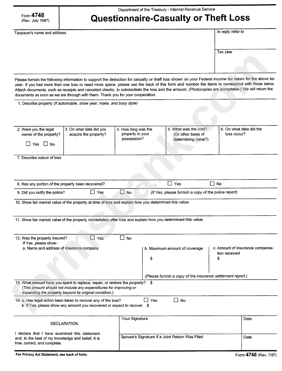 Form 4748 - 1987 - Questionnaire Template Casualty Or Theft Loss - Department Of The Treasury