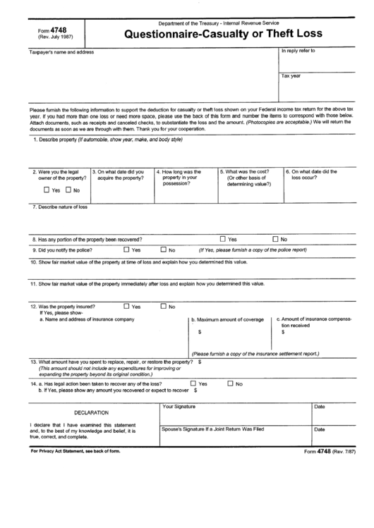 Form 4748 - 1987 - Questionnaire Template Casualty Or Theft Loss - Department Of The Treasury Printable pdf