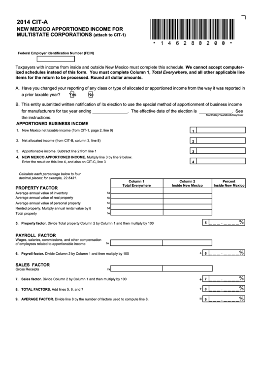 Form Cit-A - 2014 New Mexico Apportioned Income For Multistate Corporations Printable pdf