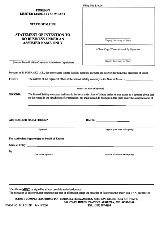 Form Mllc-12f - Statement Of Intention To Do Business Under An Assumed Name Only Printable pdf