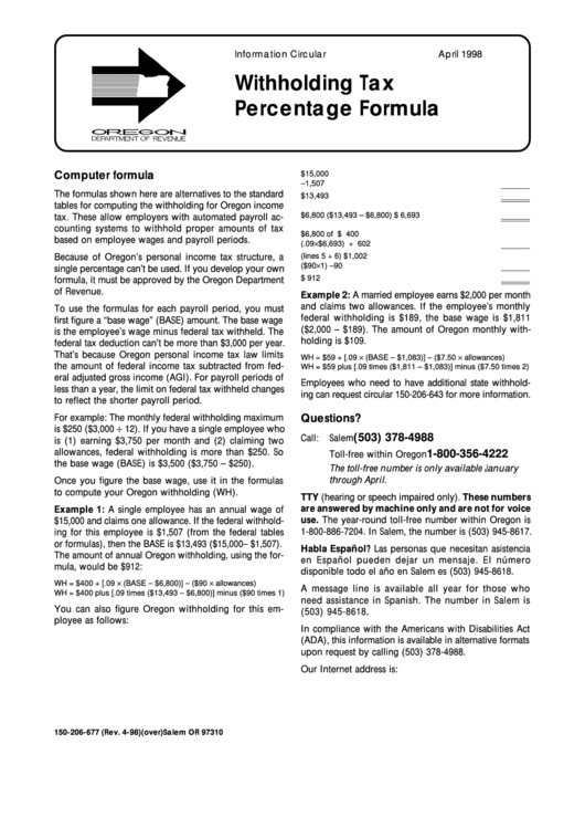 Form 150-206-677 - Withholding Tax Percentage Formula - 1998 Printable pdf