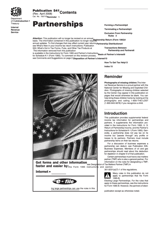 Form 541 - Partnerships - Department Of Treasury Internal Revenue Service - 2008 Printable pdf
