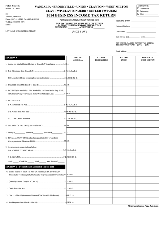 Form R - Business Income Tax Return - 2014 Printable pdf