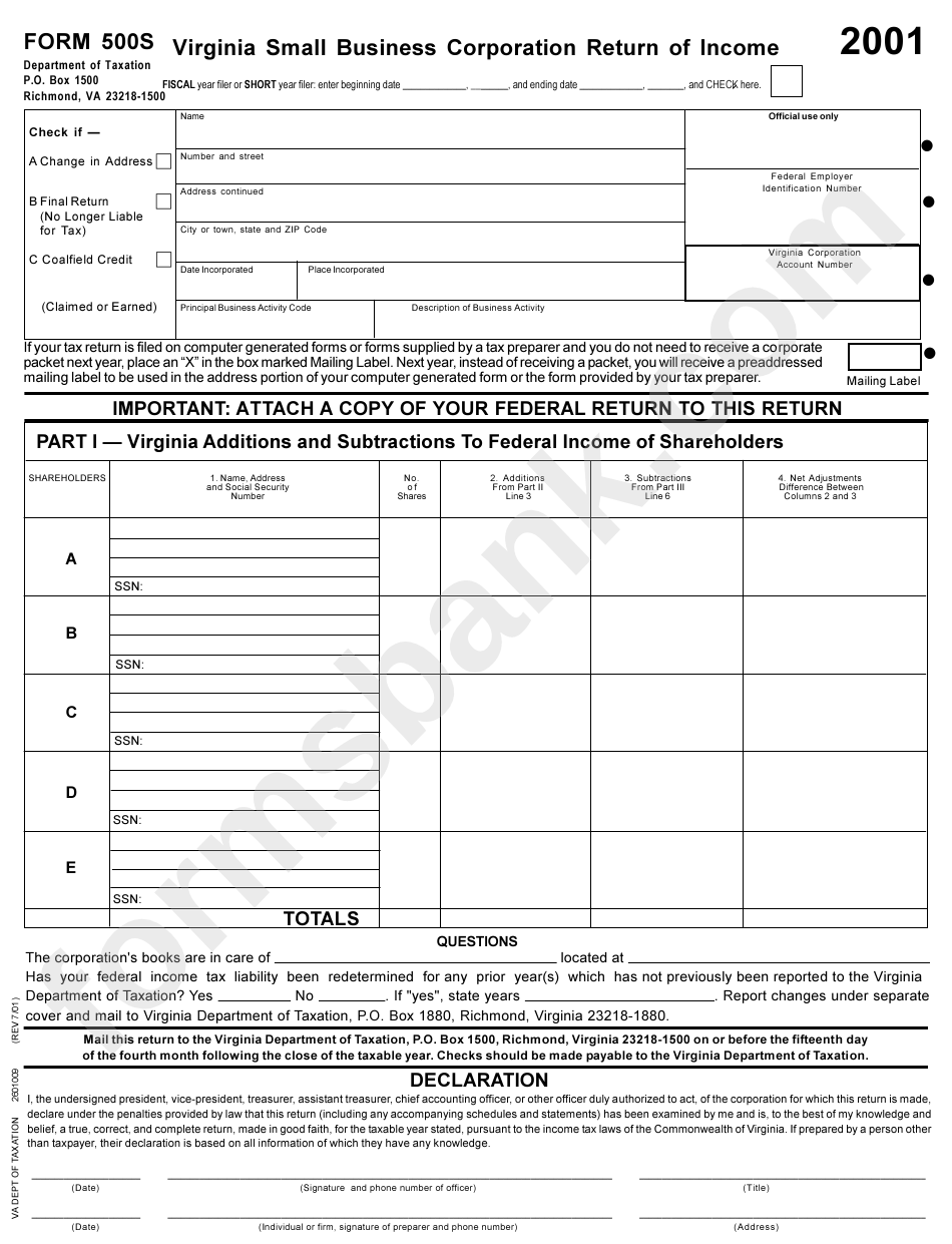 Form 500s - Virginia Small Business Corporation Return Of Income - 2001