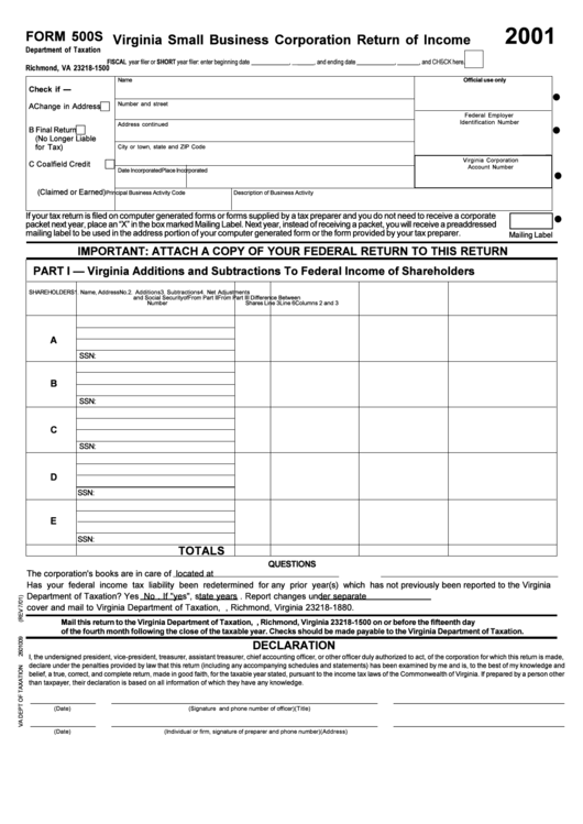 Form 500s - Virginia Small Business Corporation Return Of Income - 2001 Printable pdf