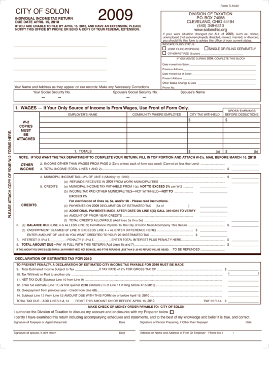 Form S-1040 - Individual Income Tax Return 2009 Printable pdf