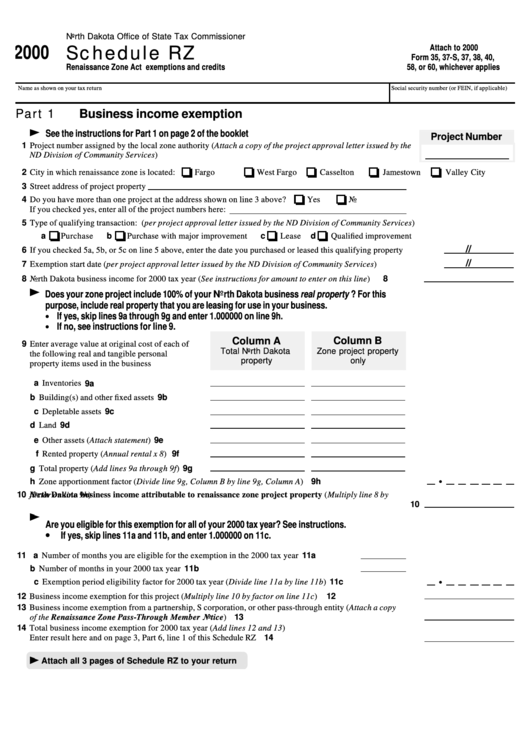 Schedule Rz - Renaissance Zone Act Exemptions And Credits - North Dakota Office Of State Tax Commissioner - 2000 Printable pdf