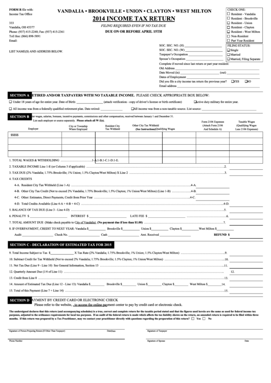 Form R - Income Tax Return Form - 2014 Printable pdf
