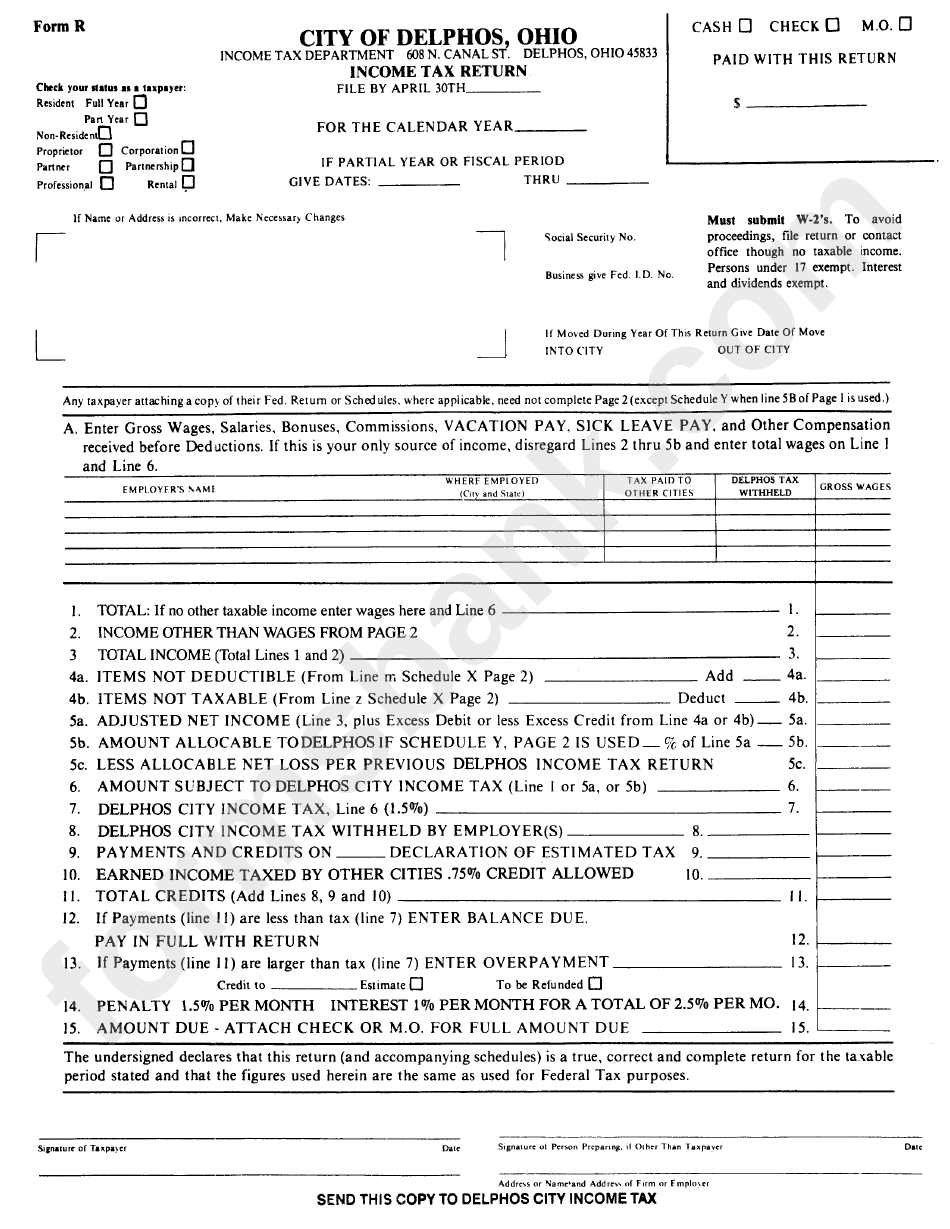 Form R - Income Tax Return - City Of Delphos Income Tax Department