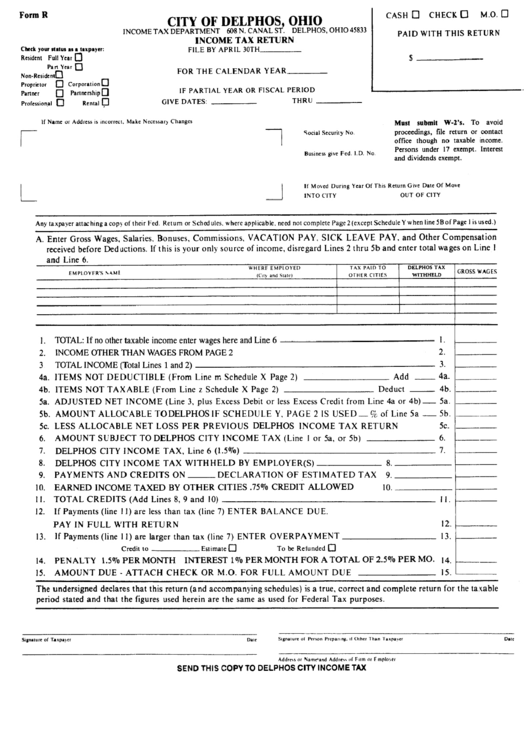 Form R - Income Tax Return - City Of Delphos Income Tax Department Printable pdf