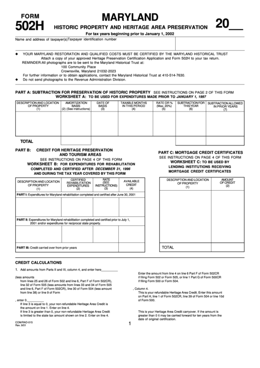 Fillable Form 502h - Historic Property And Heritage Area Preservation Printable pdf