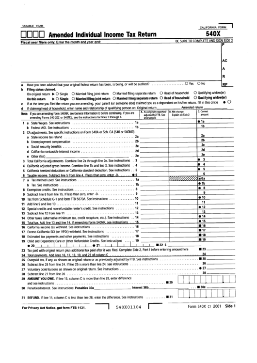 Form 540x - Amended Individual Income Tax Return Printable pdf