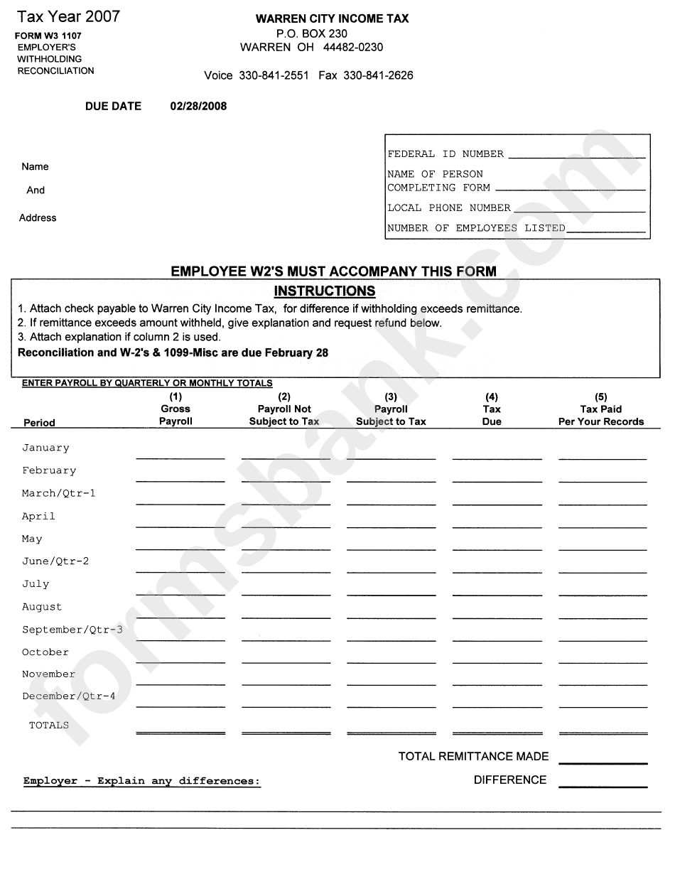 Form W3 1107 - Employer