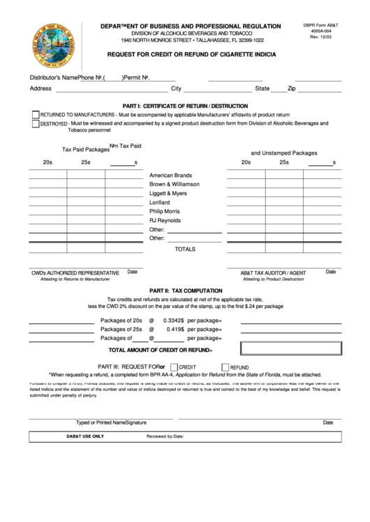 Dbpr Form Ab&t 4000a-004 - Request For Credit Or Refund Of Cigarette Indicia December 2003 Printable pdf