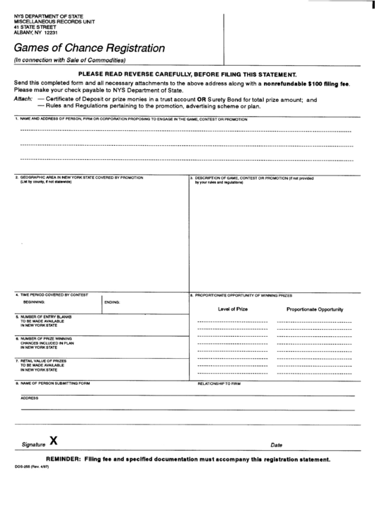 Form Dos-255 - Games Of Chande Registration Printable pdf