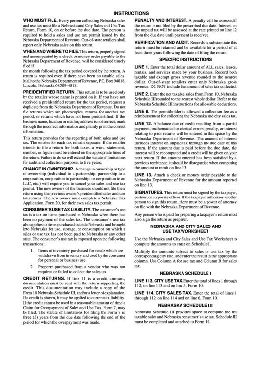 Instructions For Nebraska And City Sales And Use Tax Return Sheet - Nebraska Department Of Revenue Printable pdf