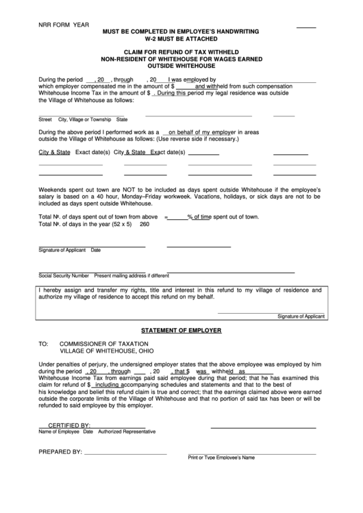 Form Nrr - Claim For Refund Of Tax Withheld Non - Resident Of Whitehouse For Wages Earned Outside Whitehouse - Commissioner Of Taxation Village Of Whitehouse, Ohio Printable pdf